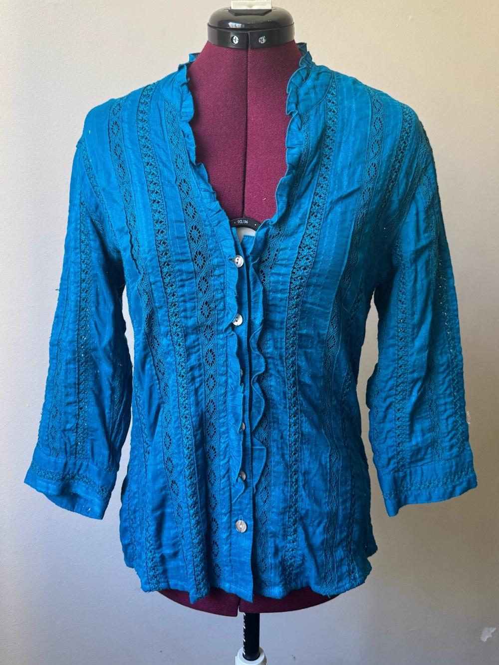 Chico’s Turquoise Cotton Long Sleeve Cottagecore Lace Crochet Blouse
